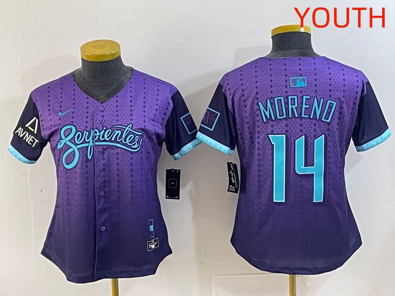 Youth 2025 Arizona Diamondback #14 Moreno Purple Joint Name Nike MLB Jersey style 1